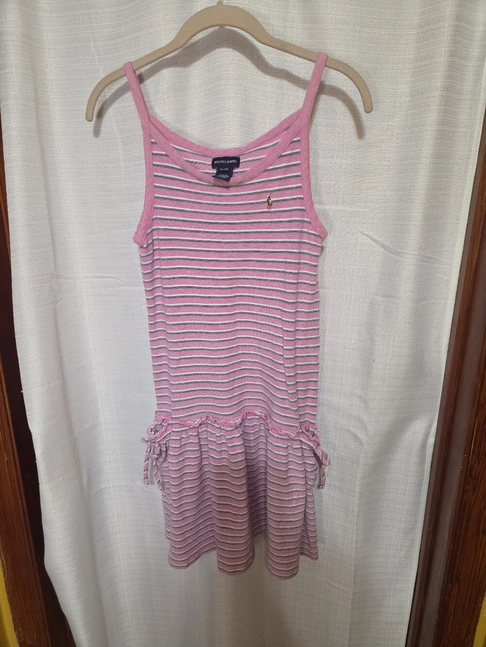 Ralph Lauren Girl’s XL 16 Tank Dress Summer Polo Mesh Striped Pink Blue White